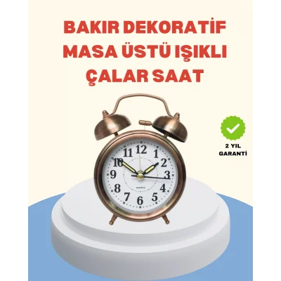 BUĞZ Metal Bronz Nostaljik Masa Saati Alarmlı Büyük Boy Sessiz Mekanizmalı