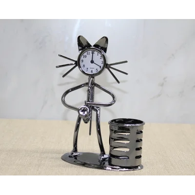 BUĞZ Metal Saksafon Çalan Müzisyen Kedi Saat Ve Kalemlik