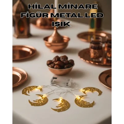 BUĞZ Minareli Hilal LED Işık Gold Metal Gövdeli Pilli Ramazan Dekoru