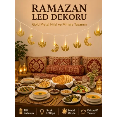 BUĞZ Minareli Hilal LED Işık Gold Metal Gövdeli Pilli Ramazan Dekoru