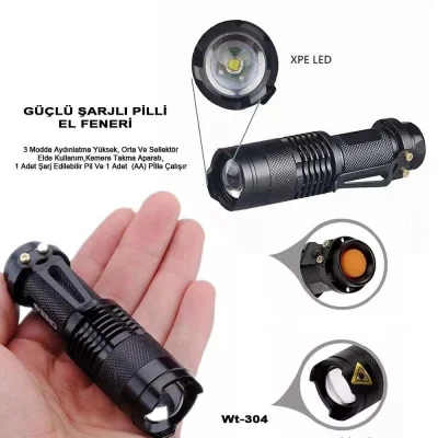 BUĞZ Mini Güçlü Şarjlı Pilli EL Feneri Wt-304