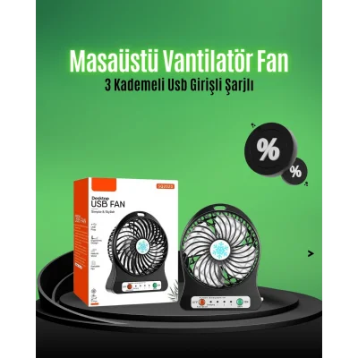  Mini USB Fan – Şarj Edilebilir, Işıklı, 3 Kademe, Taşınabilir Masaüstü Vantilatör