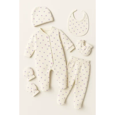 BUĞZ Minik Kalpler Sevimli Yenidoğan 5 Parça Hastane Çıkışı Seti - Yumuşacık Pamuklu Zıbın Takımı