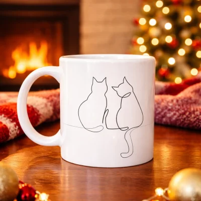 BUĞZ Minimal Çizim İki Kedi Desenli Porselen Kupa MODEL 77 – Sevgi Temalı Şık Tasarım, Kahve & Çay Kupası