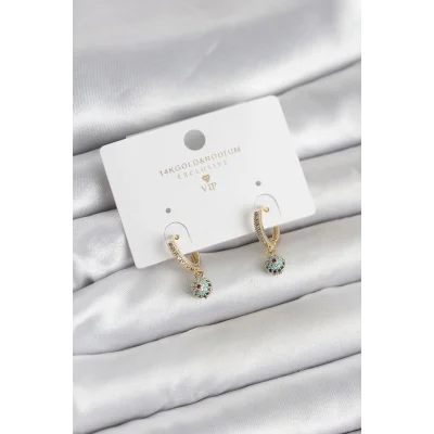 BUĞZ Minimal Nazarlı Model Gold Renk Zirkon Taşlı Kadın Küpe