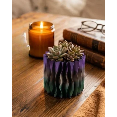 BUĞZ Minimalist Dalgalı Tasarımlı Mor Dekoratif 3D Vazo Masa Dekoru