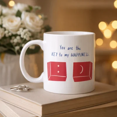 BUĞZ Model 25 – You Are the Key to My Happiness Tasarımlı Porselen Kupa -Anlamlı & Romantik Hediye