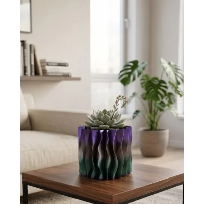 BUĞZ Modern Dalgalı Tasarımlı Mor 3D Dekoratif Vazo Ev Ofis Dekoru