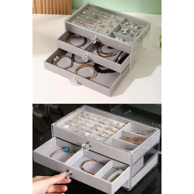  Modern Gri 3 Çekmeceli Takı Bijuteri Mücevher Kutusu Organizer Düzenleyici Şeffaf 13 X 23 X 10 Cm