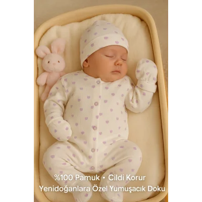 BUĞZ Mor Kalp Desenli %100 Pamuk Yenidoğan Hastane Çıkışı 5li Zıbın Seti
