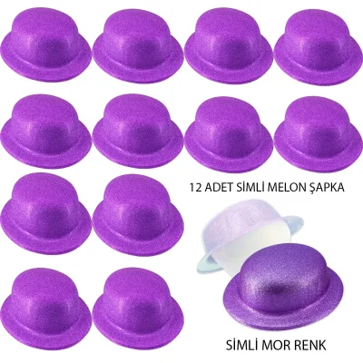 BUĞZ Mor Renk Simli Melon Yuvarlak Parti Şapkası 12 Adet