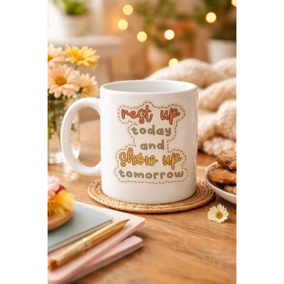 BUĞZ Motivasyon Mesajlı Porselen Kupa MODEL 146 – “Rest Up Today, Show Up Tomorrow” Yazılı – Kahve & Çay Kupası – Hediye Fikri
