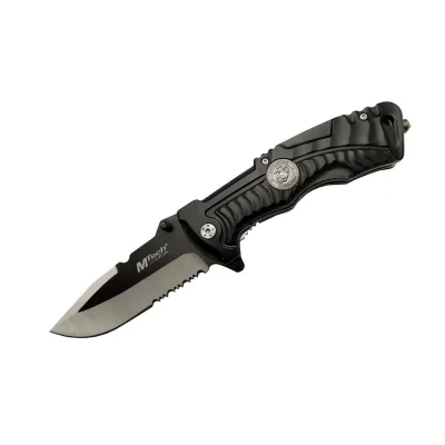 BUĞZ Eco Lounge Mtech 4-12-2 Siyah Kurtarma / Kamp Çakısı 21cm- Yarı Otomatik, Testere Detaylı, Cam Kırma Aparatlı, Kemerlikli