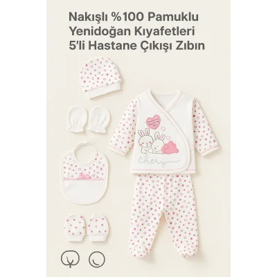 BUĞZ Nakışlı %100 Pamuk 5’li Bebek Hastane Çıkışı Seti | Tavşan Desenli Yenidoğan Zıbın Takımı