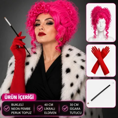 BUĞZ Neon Bukleli Pembe Peruk Uzun Kumaş Kırmızı Eldiven Ve  Tutucu Seti (3 Parça)