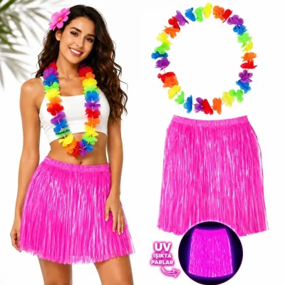 BUĞZ Neon Pembe Hawaii Etek 40 Cm Ve Rengarenk Hawaii Kolye