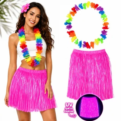 BUĞZ Neon Pembe Hawaii Etek 40 cm ve Rengarenk Hawaii Kolye