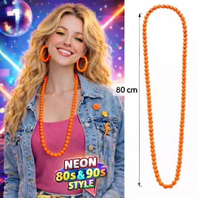 BUĞZ Neon Turuncu Boncuk Kolye 80 cm – Retro 80’ler 90’lar Parti Aksesuarı