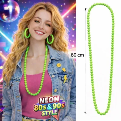 BUĞZ Neon Yeşil Boncuk Kolye 80 Cm – Retro 80’ler 90’lar Parti Aksesuarı