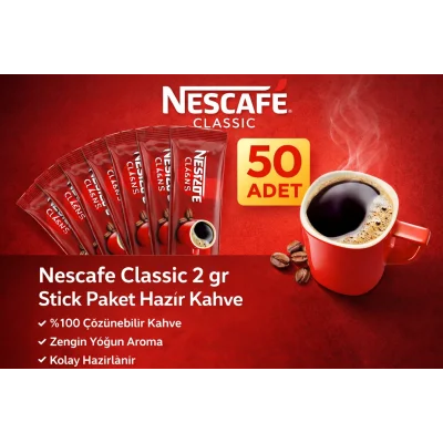 BUĞZ Nescafe Classic 2 gr 50 Adet Stick Paket Hazır Kahve %100 Çözünebilir Zengin Yoğun Aroma