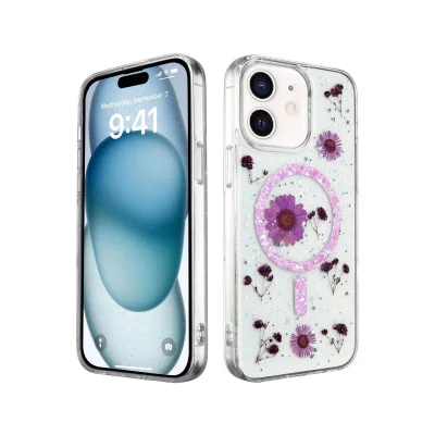 BUĞZ İphone 12 Kılıf Daisy Simli Magsafe Kapak - Mor