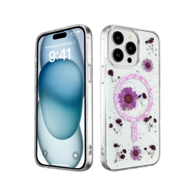 BUĞZ İphone 15 Pro Max Kılıf Daisy Simli Magsafe Kapak - Mor