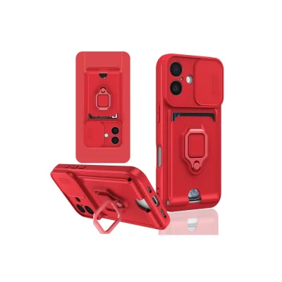 BUĞZ İphone 16 Kılıf Zuma Kartvizitli Yüzüklü Silikon - Kırmızı