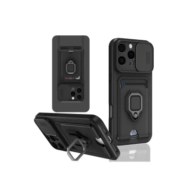 BUĞZ İphone 16 Pro Kılıf Zuma Kartvizitli Yüzüklü Silikon - Siyah