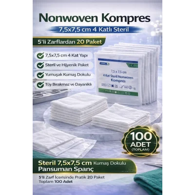 BUĞZ Nonwoven Kompres 7,5x7,5 cm 4 Katlı Steril 100 Adet (5’li Zarflardan 20 Paket) Pansuman Spanç 1 KUTU
