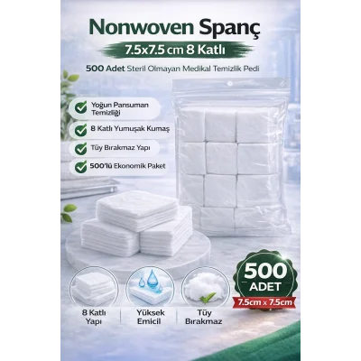 BUĞZ Nonwoven Spanç 7,5x7,5 cm 8 Katlı 500 Adet Steril Olmayan Medikal Temizlik Pedi