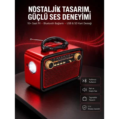 BUĞZ Nostaljik Görünümlü Ahşap Radyo TF SD USB Girişli Led Fener Işıklı