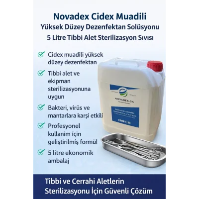 BUĞZ Novadex Cidex Muadili Yüksek Düzey Dezenfektan Solüsyonu 5 Litre Tıbbi Alet Sterilizasyon Sıvısı