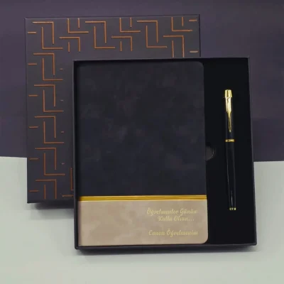 BUĞZ Öğretmenler Günü Özel Siyah Deri Defter Ve Metal Roller Kalem Hediye Seti