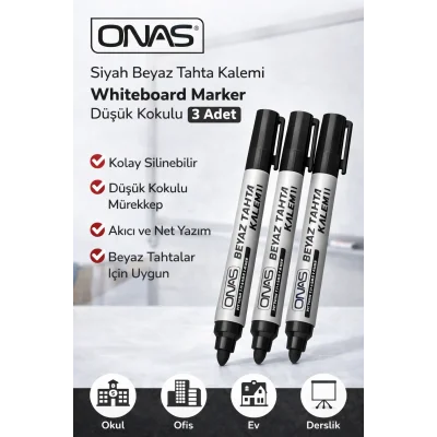 BUĞZ Onas Siyah Beyaz Tahta Kalemi Whiteboard Marker Düşük Kokulu 3 Adet