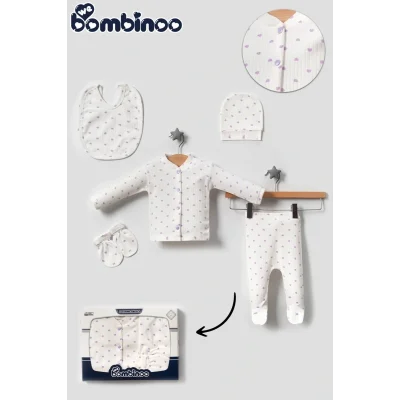 BUĞZ Organik 5 Parça Yeni Doğan Zıbın Set Hastane Cıkışı Fitilli Ekru Kumaşa Kutulu Casual/