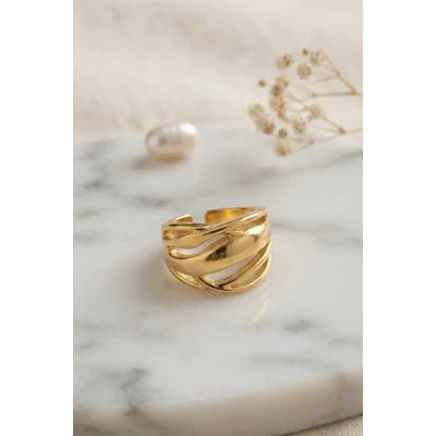 BUĞZ Örgü Formlu Geniş Tasarım Gold Renk Yüzük