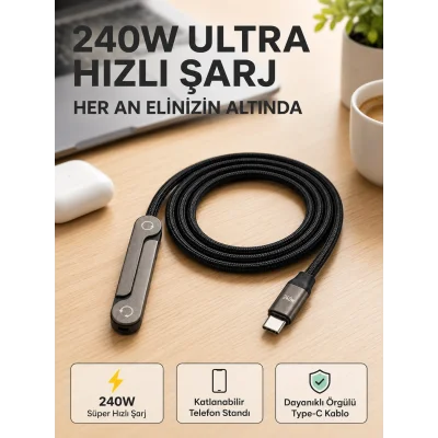 BUĞZ Örgülü 240W Type-C Katlanabilir Telefon Standlı Şarj Kablosu