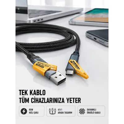 BUĞZ Örgülü Tasarım 4’ü 1 Arada USB-C Lightning Hızlı Şarj Kablosu