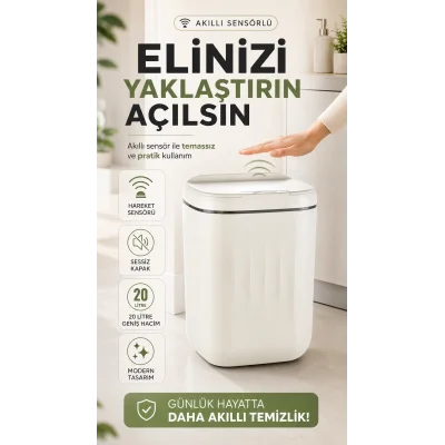 BUĞZ Sensörlü Çöp Kovası 20 Litre Antibakteriyel UV Işık Çöp Torbası Sabitleyici Aparat 4 Pil Hediyeli