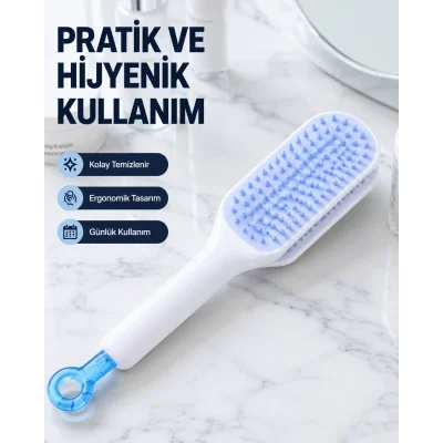 BUĞZ Otomatik Temizlemeli Saç Fırçası – Ergonomik Tasarım, Masaj Etkili, Elektriklenmeyi Önleyici
