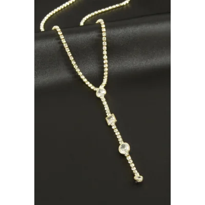 BUĞZ Oval Şerit Taşlı Çelik Y Kolye