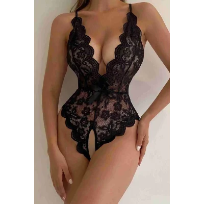 BUĞZ Özel Bölgesi Açık Dantelli Siyah Fantazi Babydoll TM1277