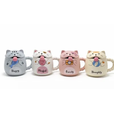 BUĞZ Özel Tasarım 3d Kedi Figürlü Kapaklı Kaşıklı Kupa Bardak Alk5029