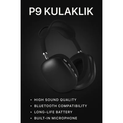  P9 Bluetooth 5.0 Kablosuz Siyah Kulaklık Mikrofonlu Uzun Pil Yüksek Bass ANC