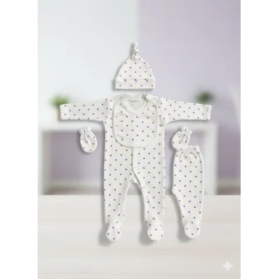 BUĞZ Pamuklu Mor Kalpli 5’li Yenidoğan Hastane Çıkışı Seti | Organik Kız Bebek Zıbın Takımı