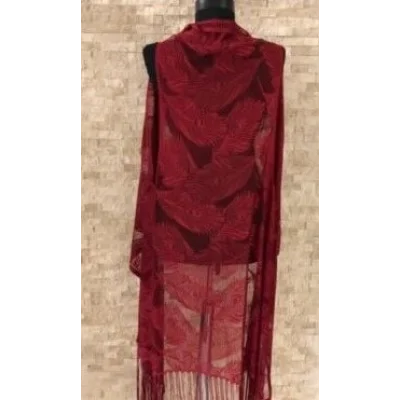 BUĞZ Pareo Dantel Yelek Mayo Bikini Üzeri Yaprak Desenli Püsküllü Plaj Elbisesi - Bordo