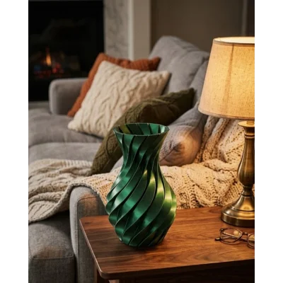 BUĞZ Parlak Yeşil Spiral 3D Baskı Vazo Şık Modern Dekoratif Obje