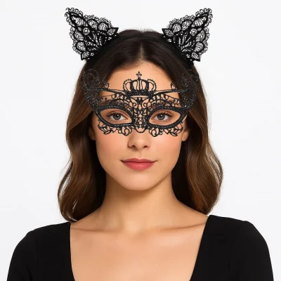 BUĞZ Parti Gecesi Siyah Dantel Maske ve Taç Seti 9 No