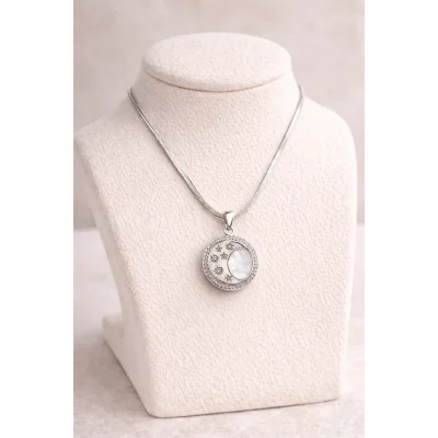 BUĞZ Paslanmaz Çelik Ay Yıldız Kolye MODEL 6  – Sedef Görünümlü Zirkon Taşlı Zarif Tasarım | Kararmaz Kadın Kolyesi