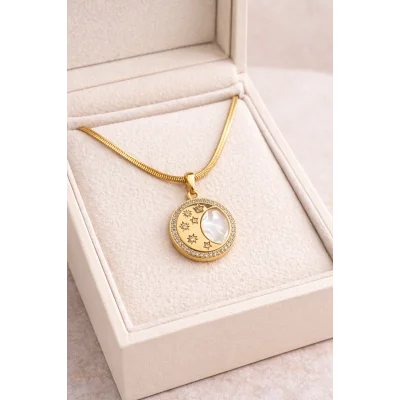 BUĞZ Paslanmaz Çelik Ay Yıldız Kolye MODEL 7 – Gold Kaplama Zirkon Taşlı Zarif Tasarım | Kararmaz Kadın Kolyesi